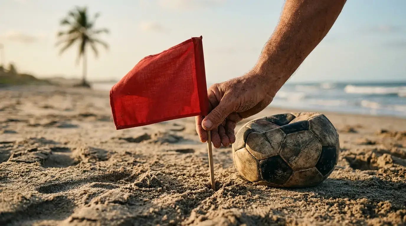 Close-up of a hand planting the Cape Verdean flag in a sand pitch, intimate editorial photo