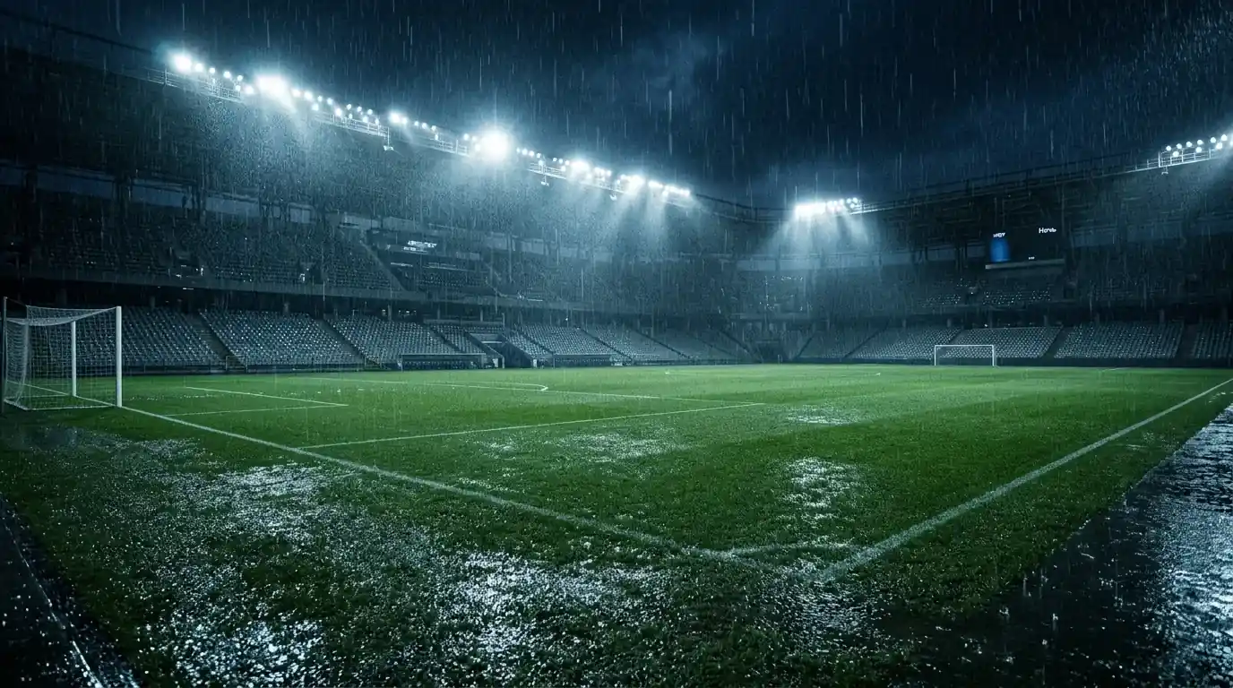 Rain falling under stadium floodlights over an empty green pitch, moody editorial sports photography, no logos or people
