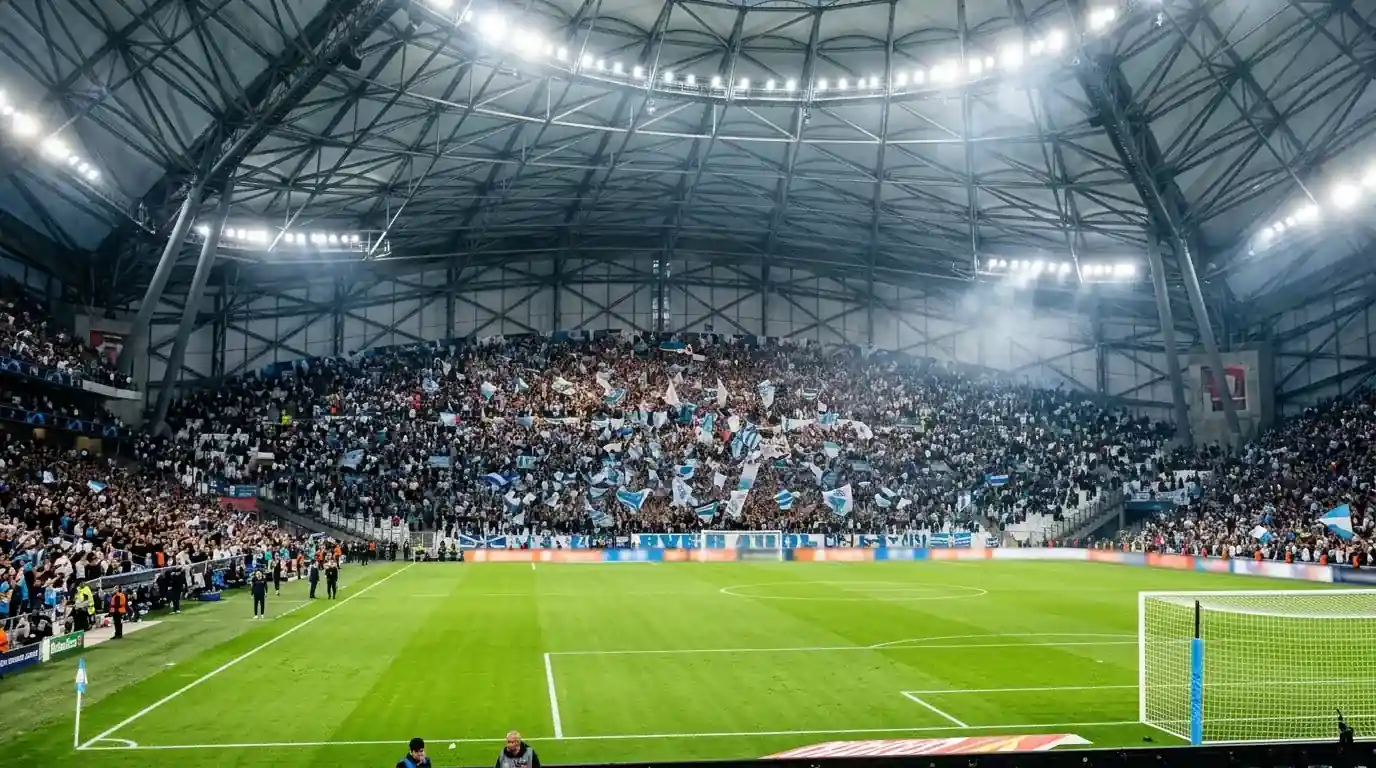 Stadium under lights with a packed crowd before a big World Cup match