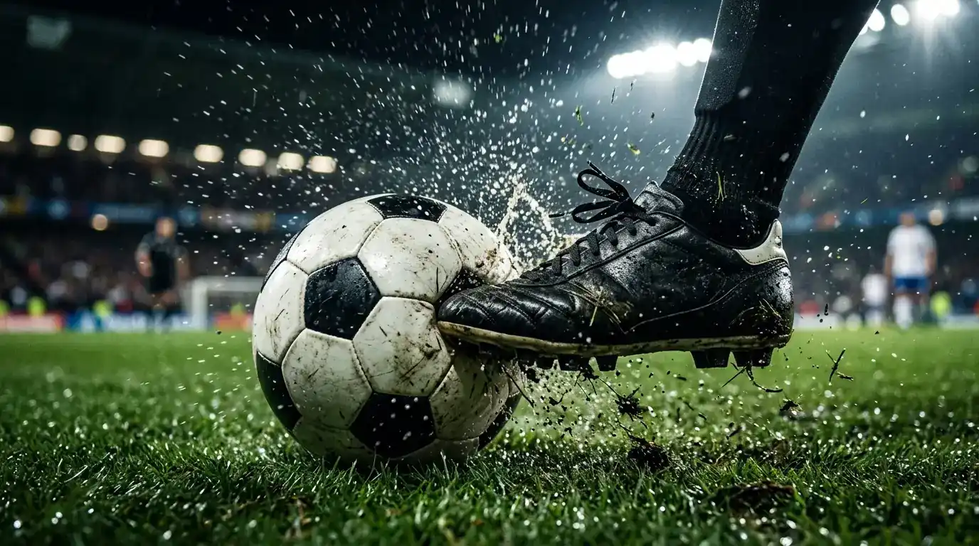 Football boot striking a ball, close-up generic action shot