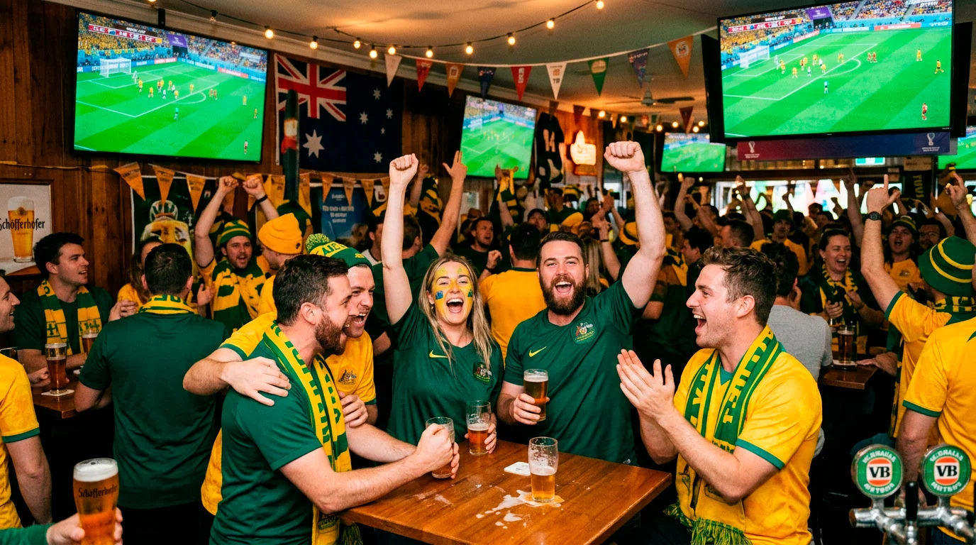 Australian football fans in green and gold jerseys watching a World Cup match at a sports bar with large screens