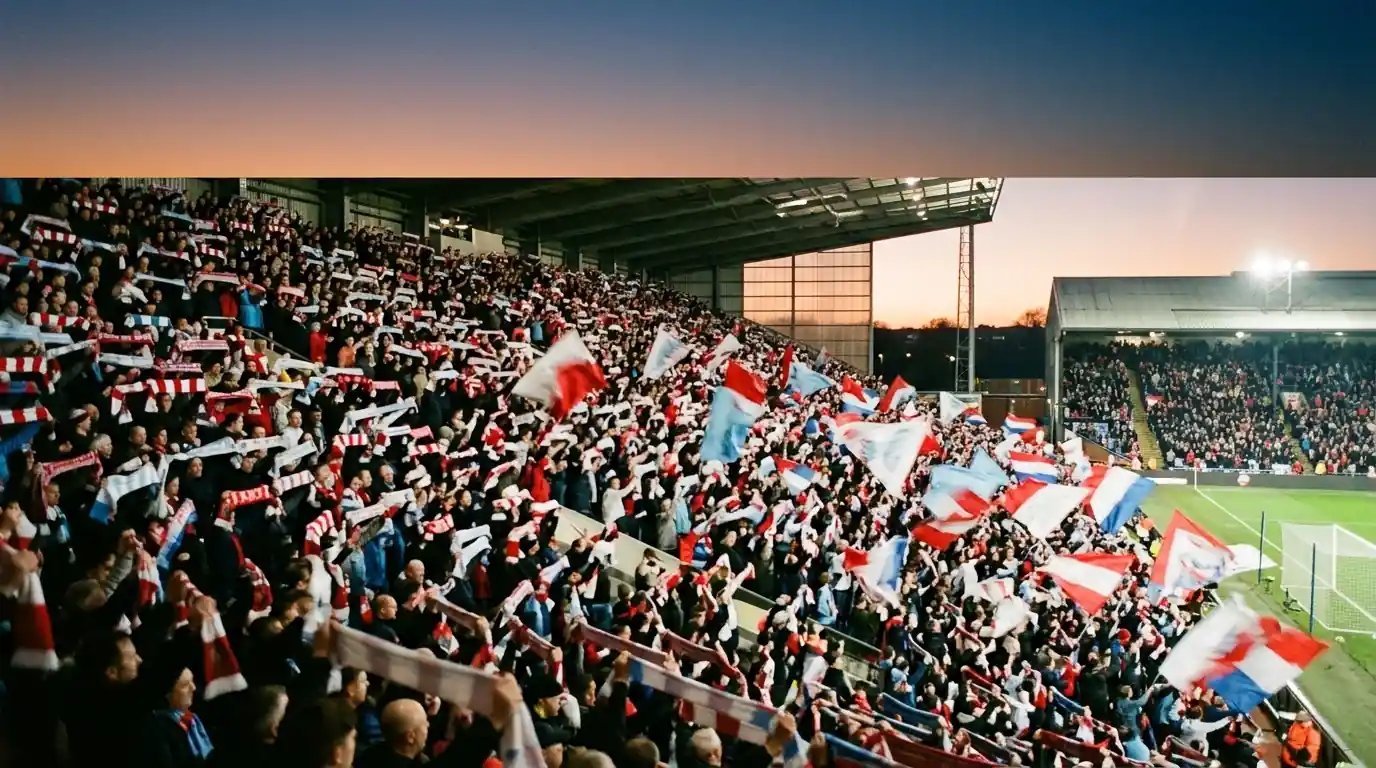 A packed floodlit stand at dawn with two sets of national colours mixing, generic football illustration, atmospheric, no identifiable faces or logos