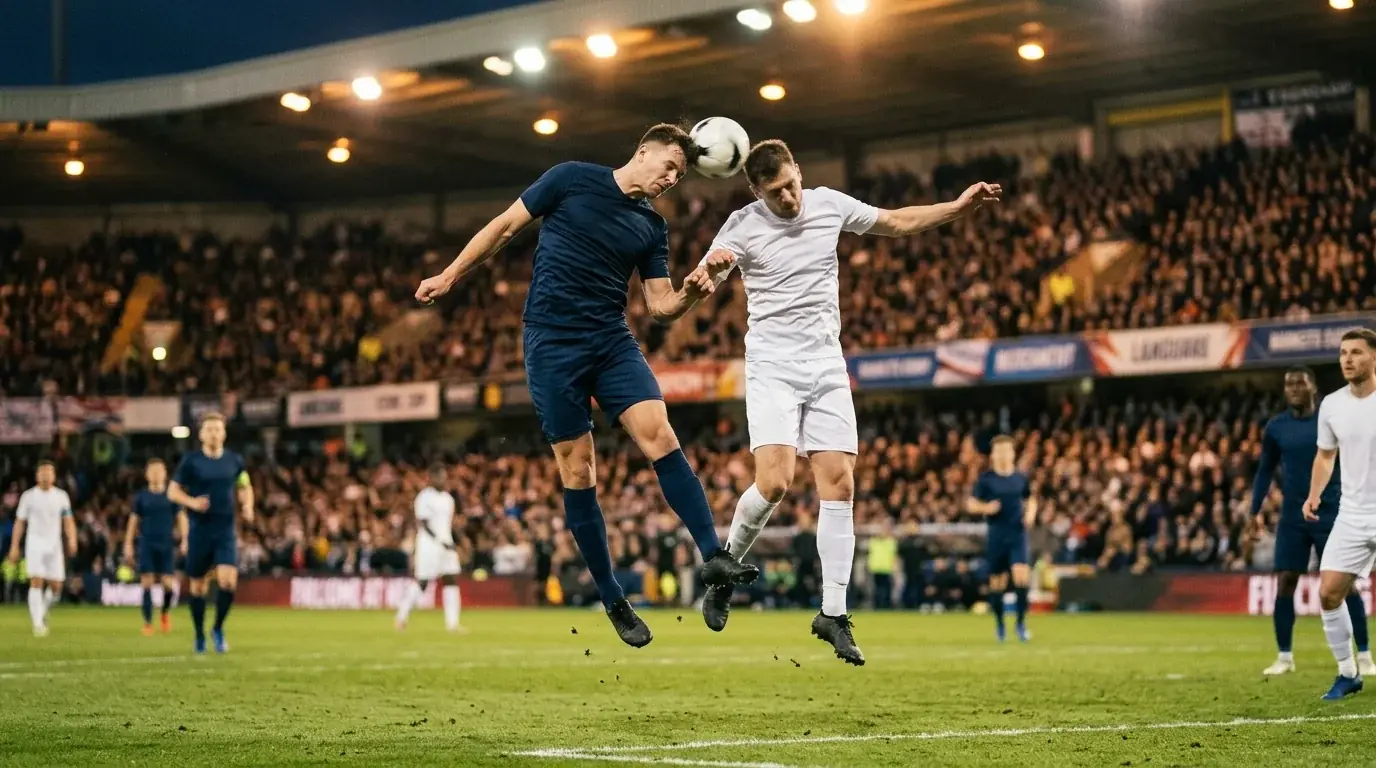 Two players contesting a header in a floodlit penalty area, generic football illustration, warm evening light, no identifiable faces or logos