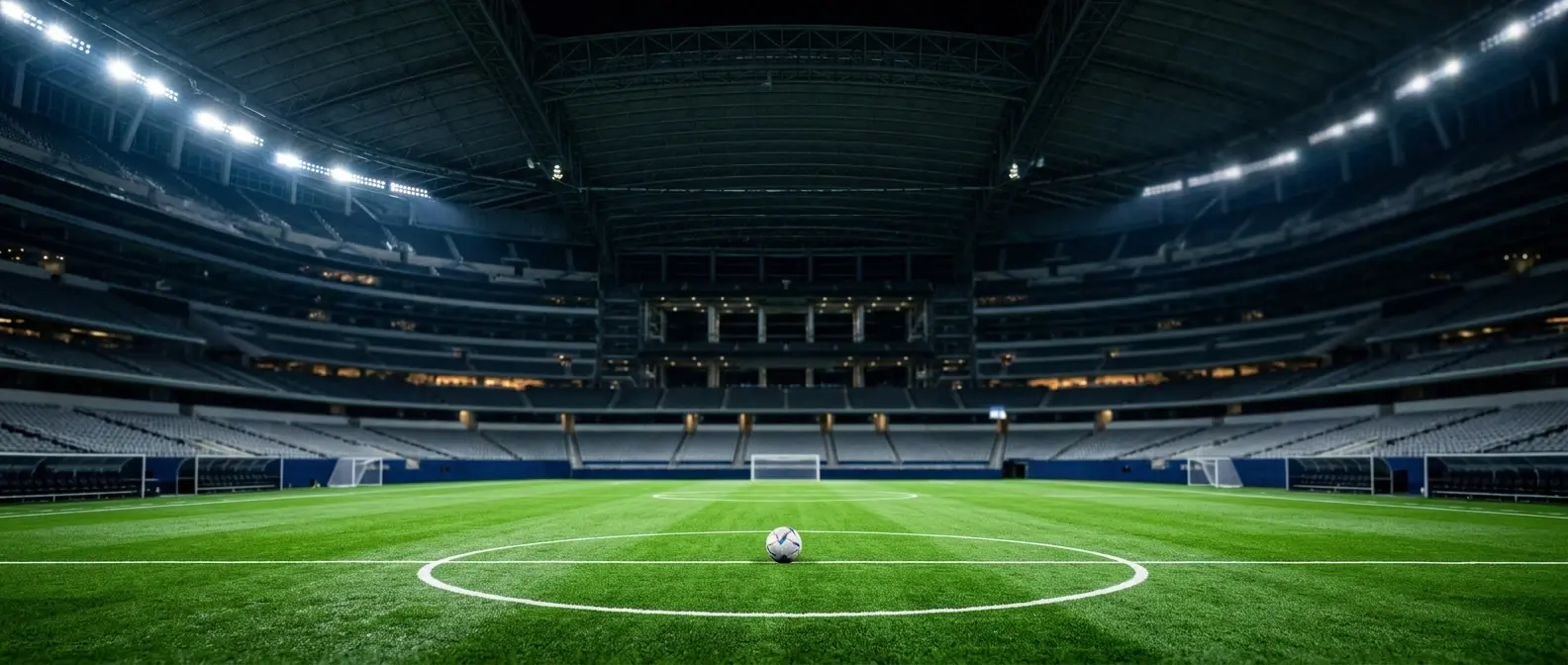 A floodlit indoor stadium pitch under a closed retractable roof, a football on the centre circle, editorial sports photography, no logos or faces