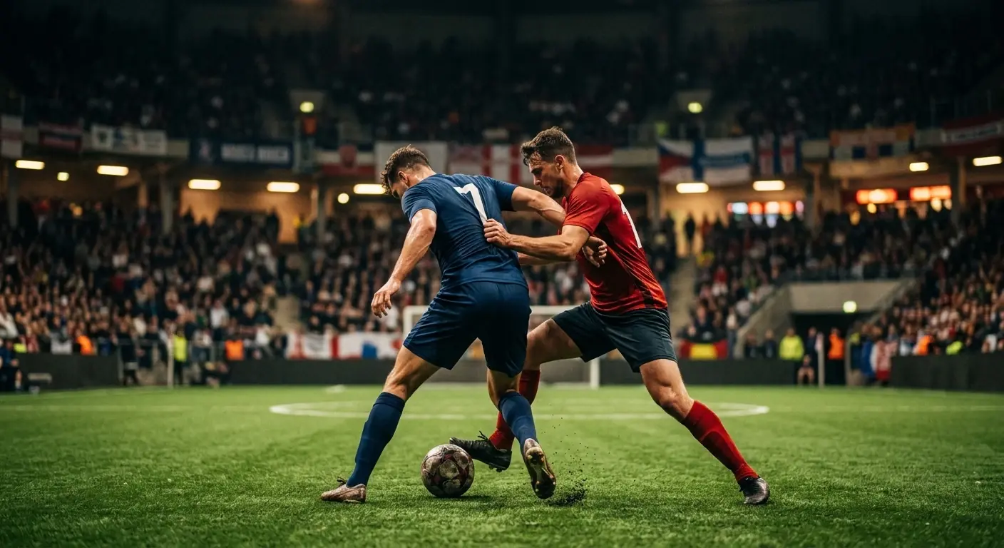 Two midfielders shielding the ball in a floodlit indoor arena, generic football illustration, warm light, no identifiable faces or logos