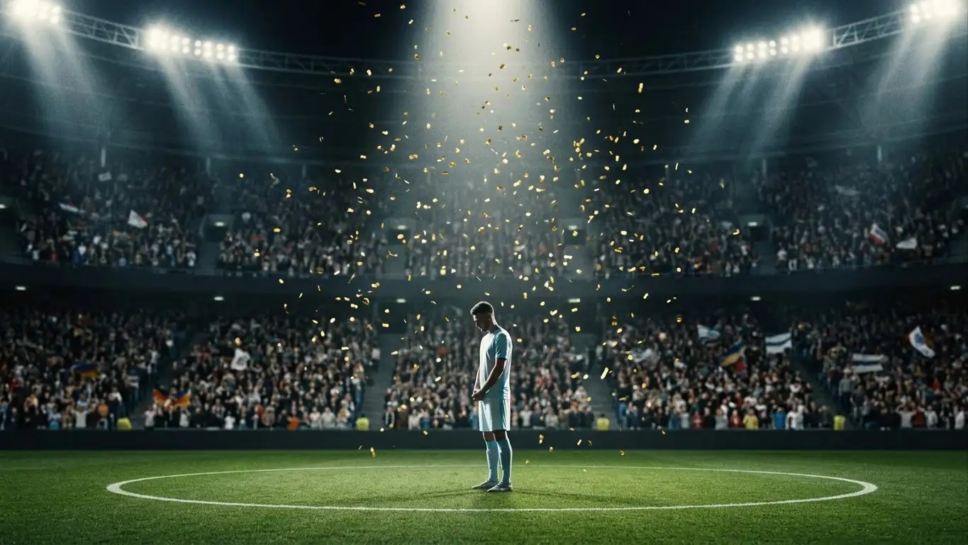 A packed, floodlit stadium before a World Cup final, a single player figure in light-blue and white at the centre