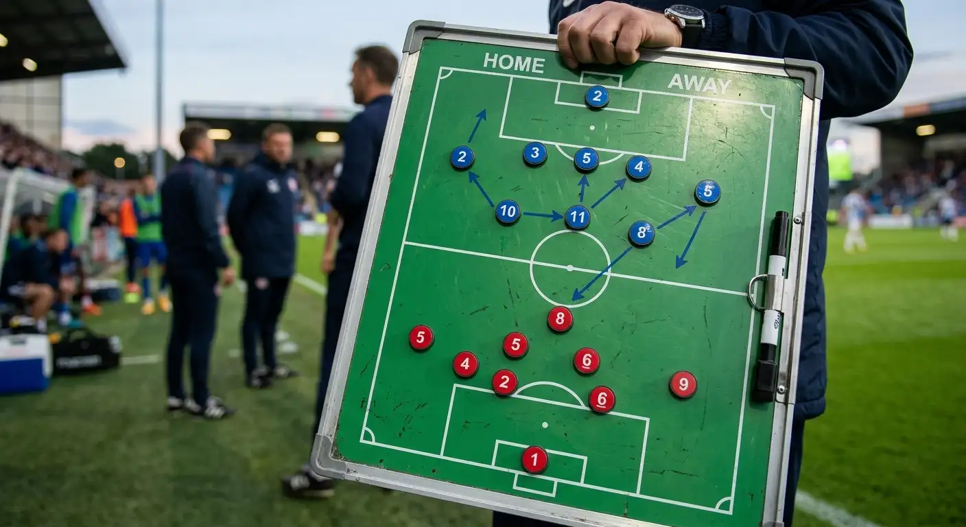 Generic football tactics board with magnets and a coach's hand