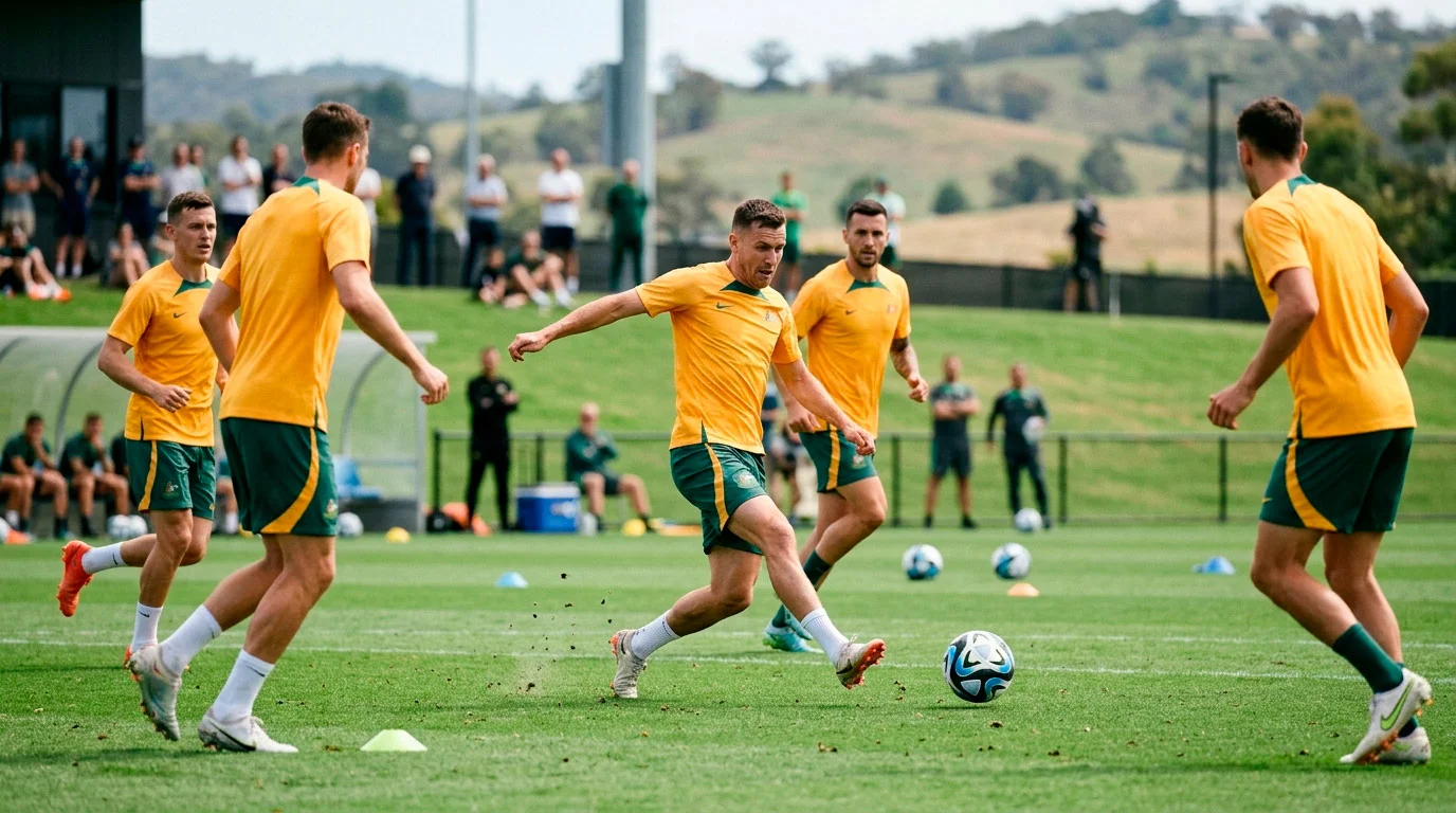 Socceroos players in gold and green kit during a training session ahead of World Cup 2026