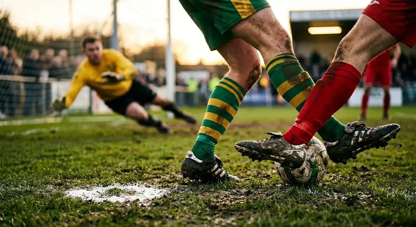 Two penalty-area tussles, generic football illustration, golden hour shadow
