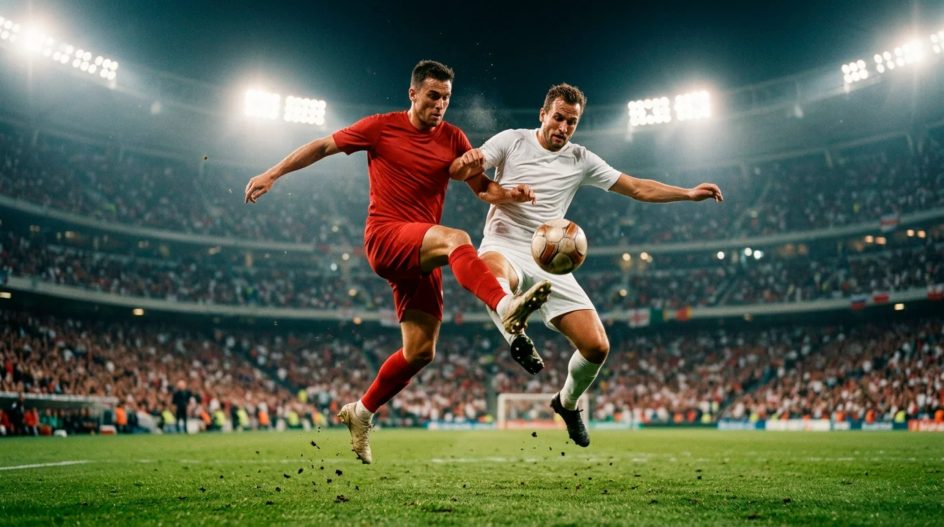 Argentina and France national team players competing in an intense World Cup match under stadium lights