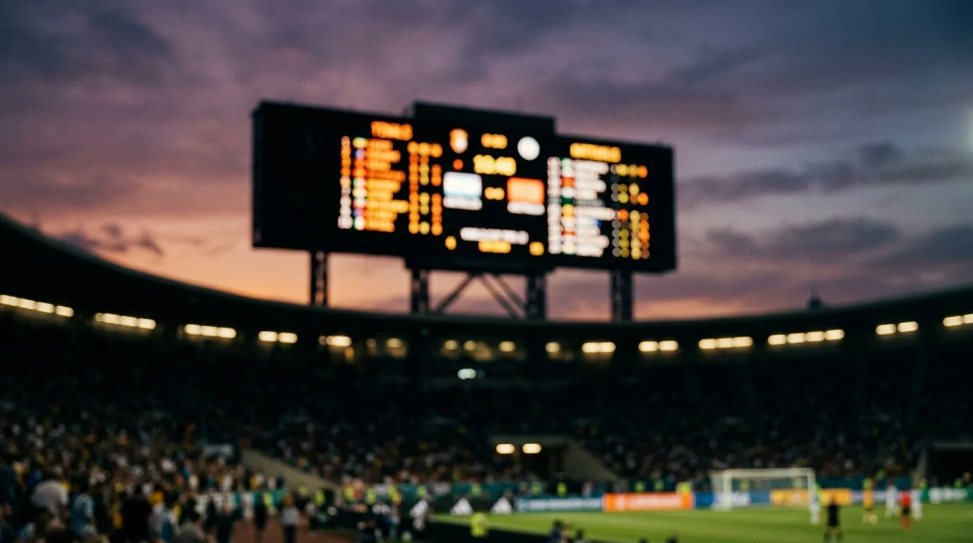 A stadium scoreboard glowing against a dusk sky, generic and out of focus, editorial sports photography, no logos or names