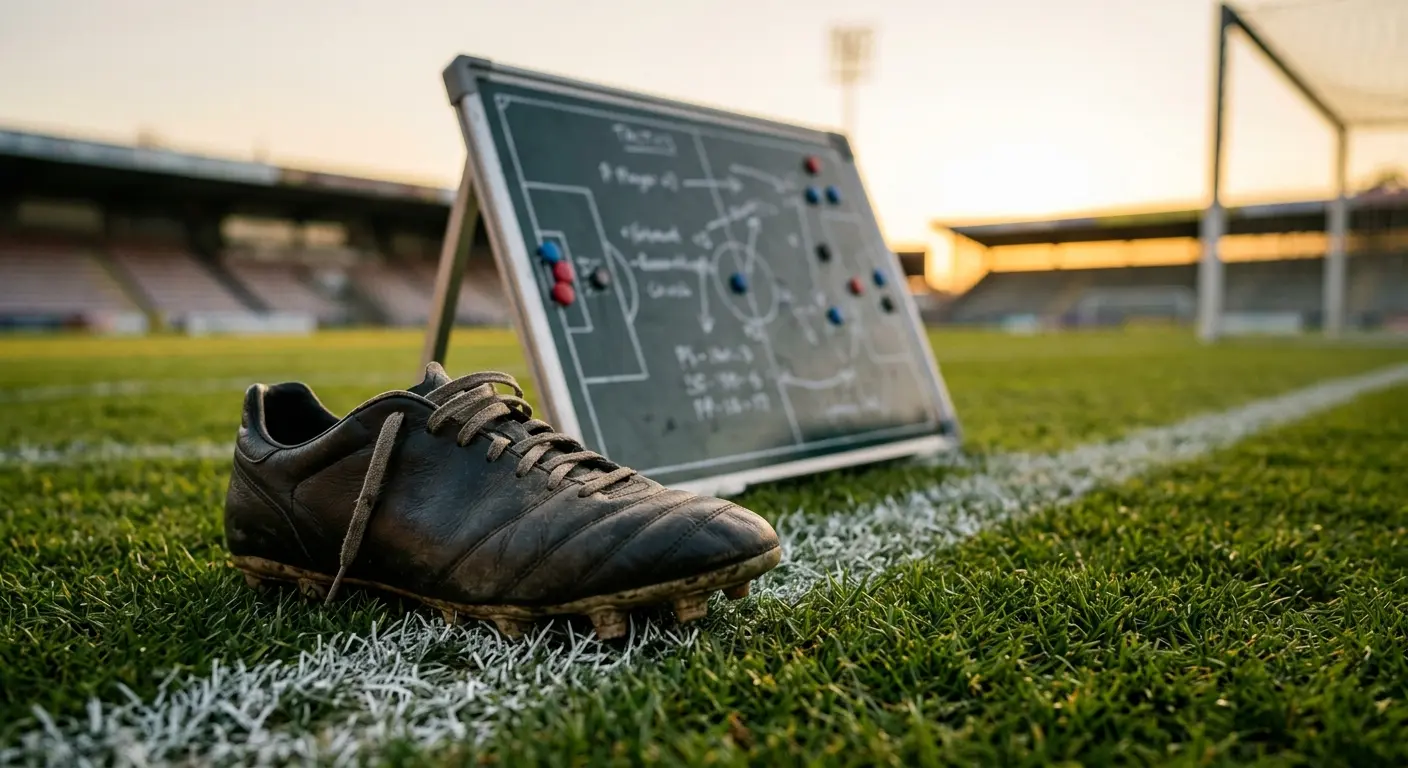 Football boot on the touchline at golden hour beside a clipboard with handwritten stats, editorial sports photo