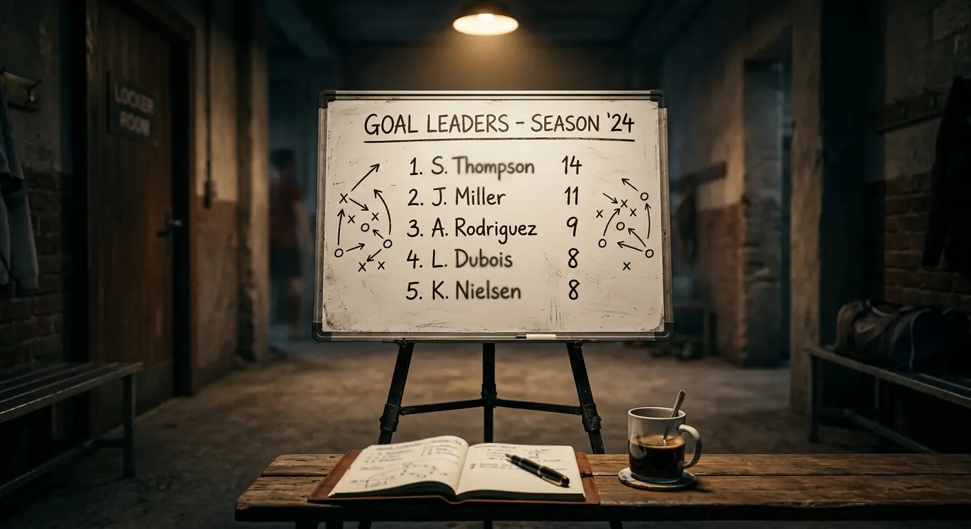 Numbered goals-chart graphic scribbled on a coaching tactics board, editorial still life