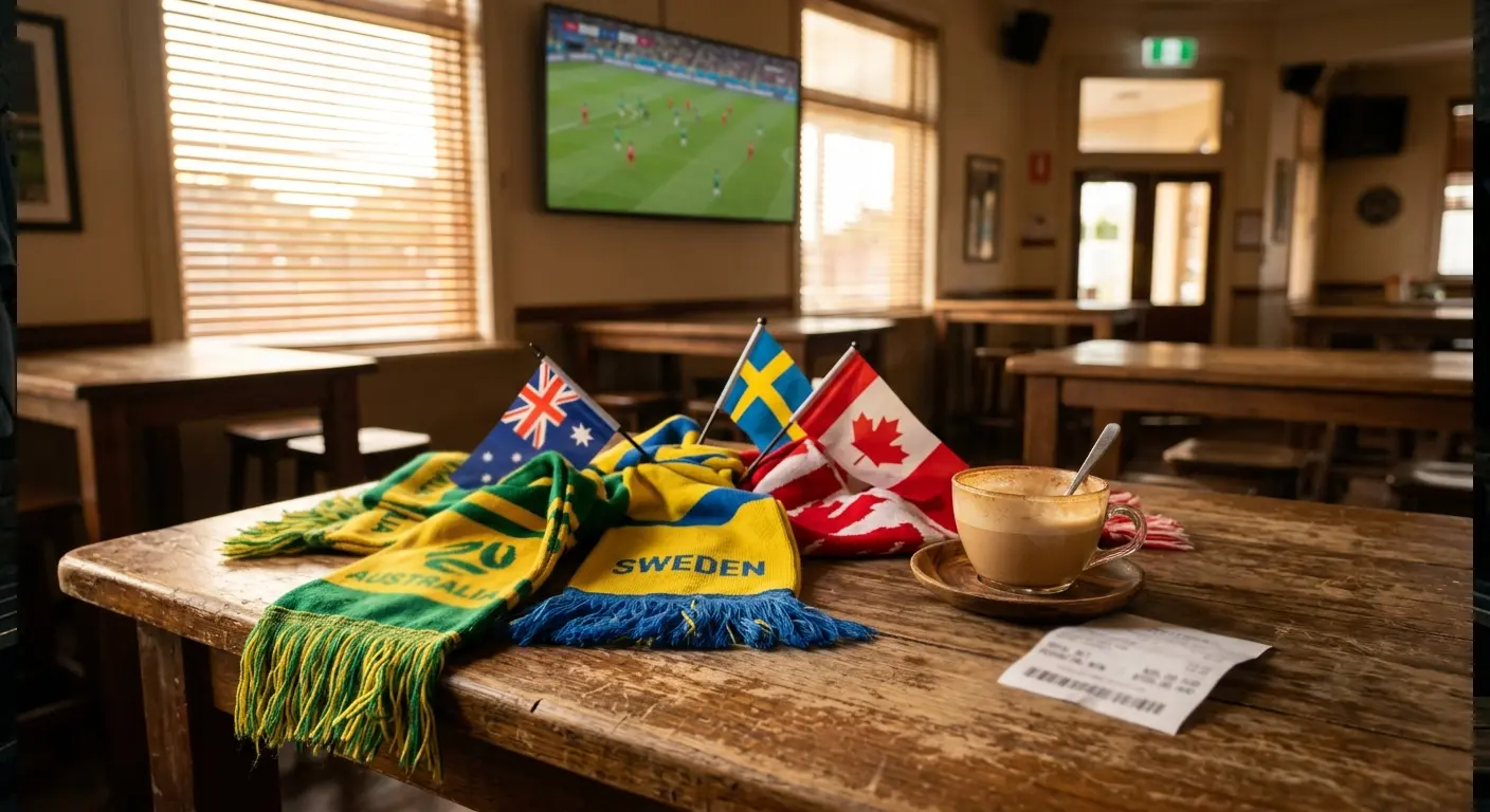 Three national team flags draped in stadium light after a World Cup knockout match