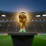 World Cup 2026 trophy with prediction data overlay showing tournament bracket and odds analysis