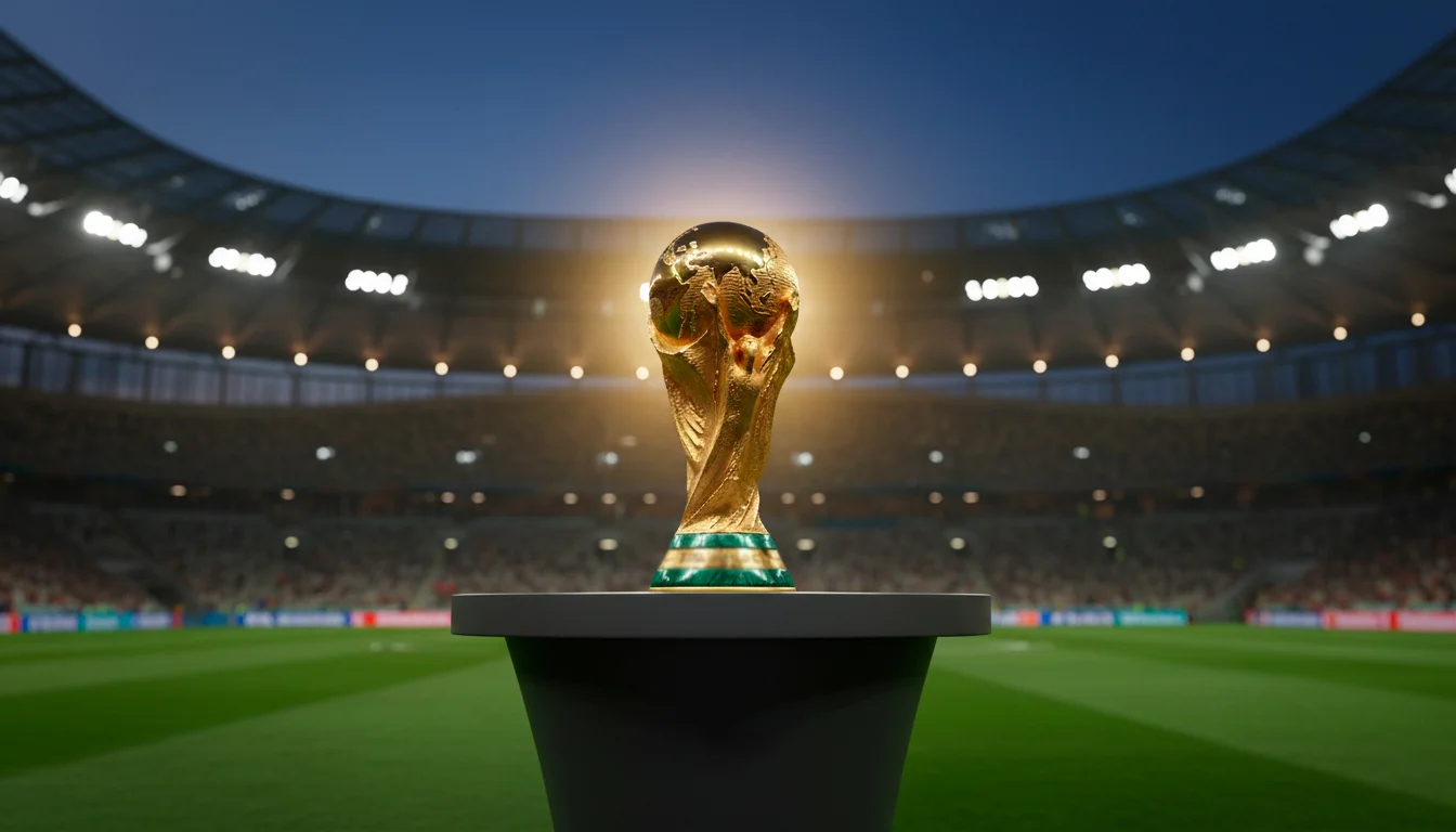 World Cup 2026 trophy with prediction data overlay showing tournament bracket and odds analysis