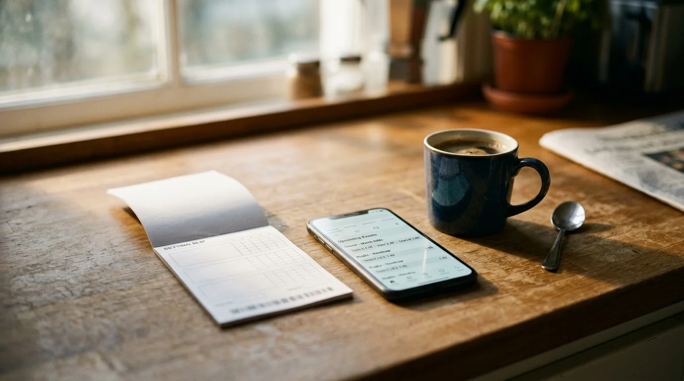 Close-up of a betting slip and phone showing decimal odds beside a coffee cup on a kitchen bench, morning light, editorial still life