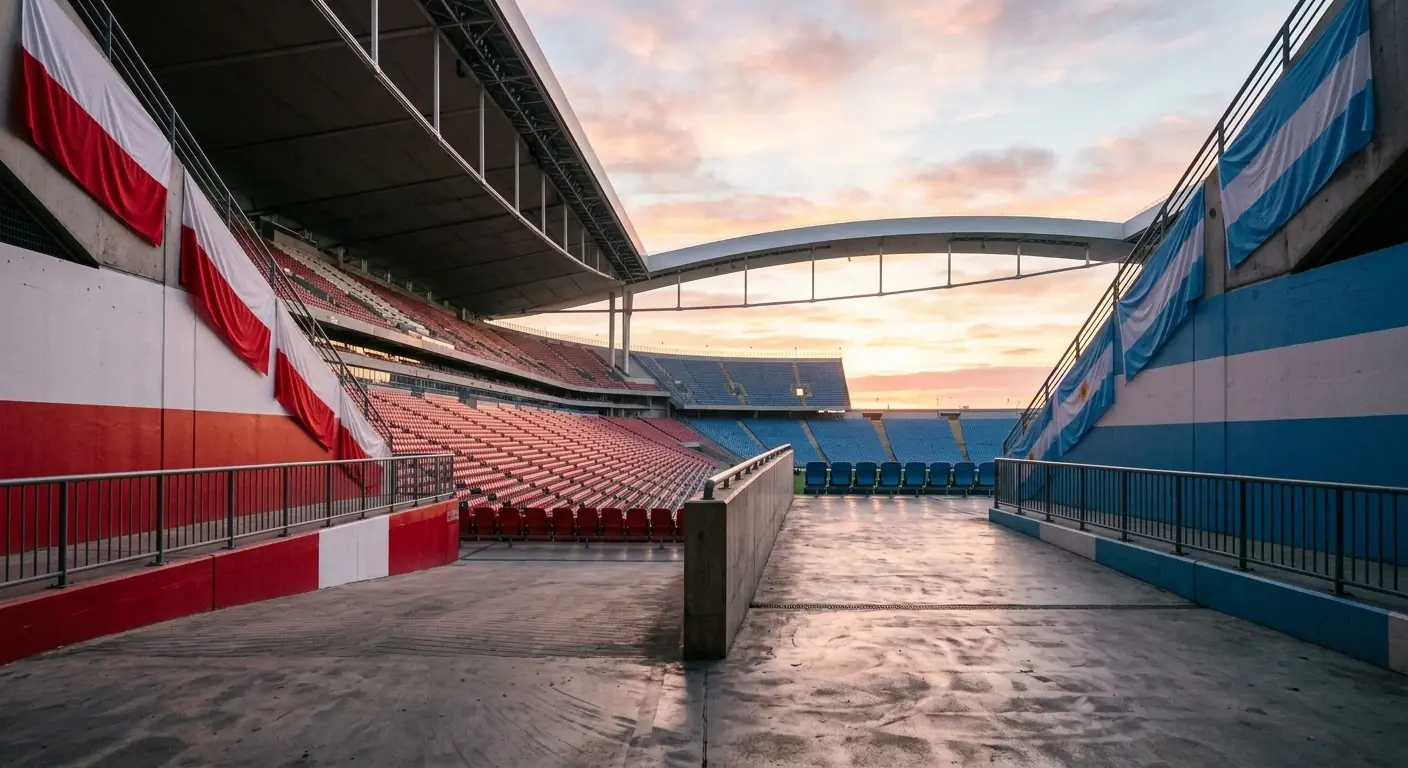 A dawn stadium concourse with two sets of national colours, empty seats catching first light, editorial photography, no logos