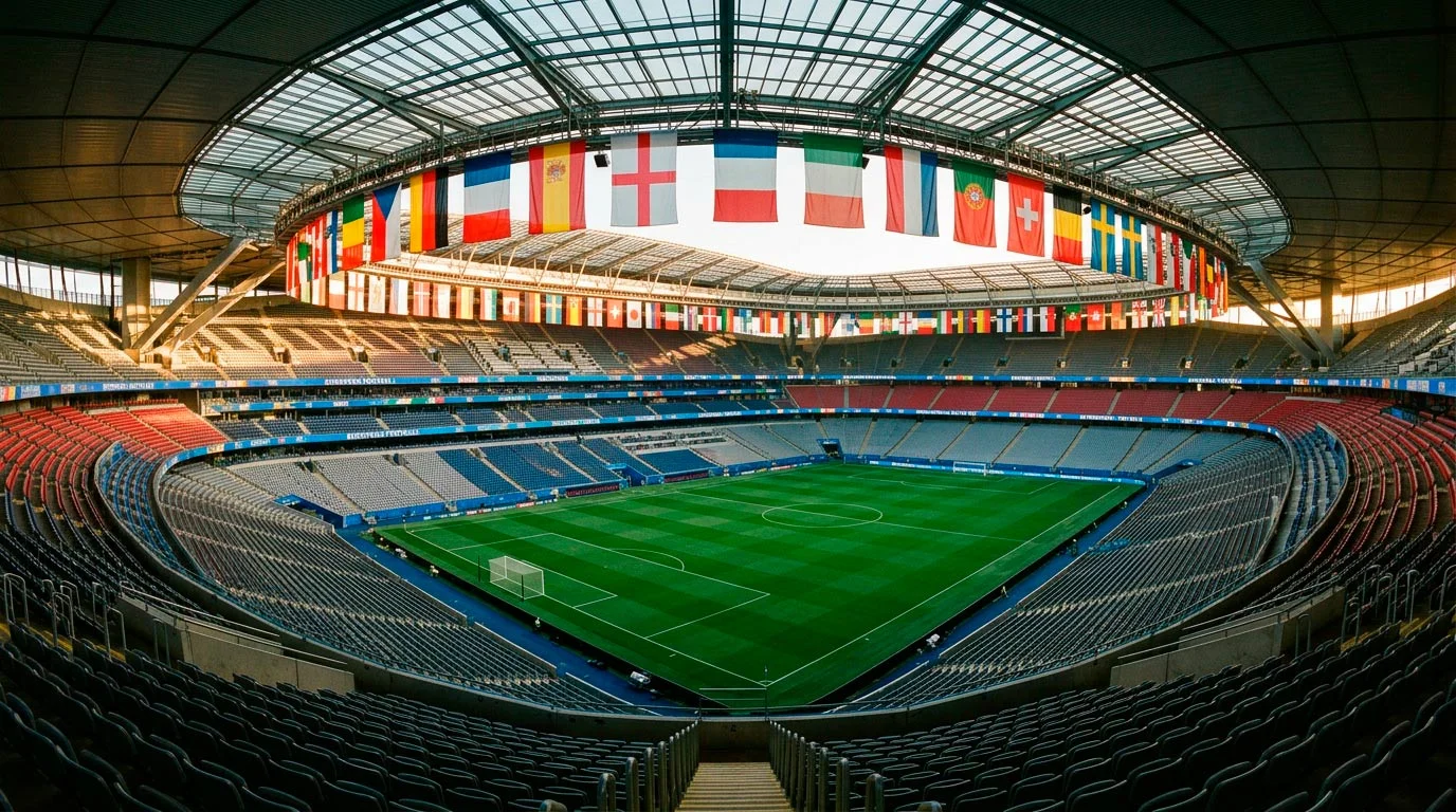 Football stadium with 48 national flags representing all World Cup 2026 participating nations