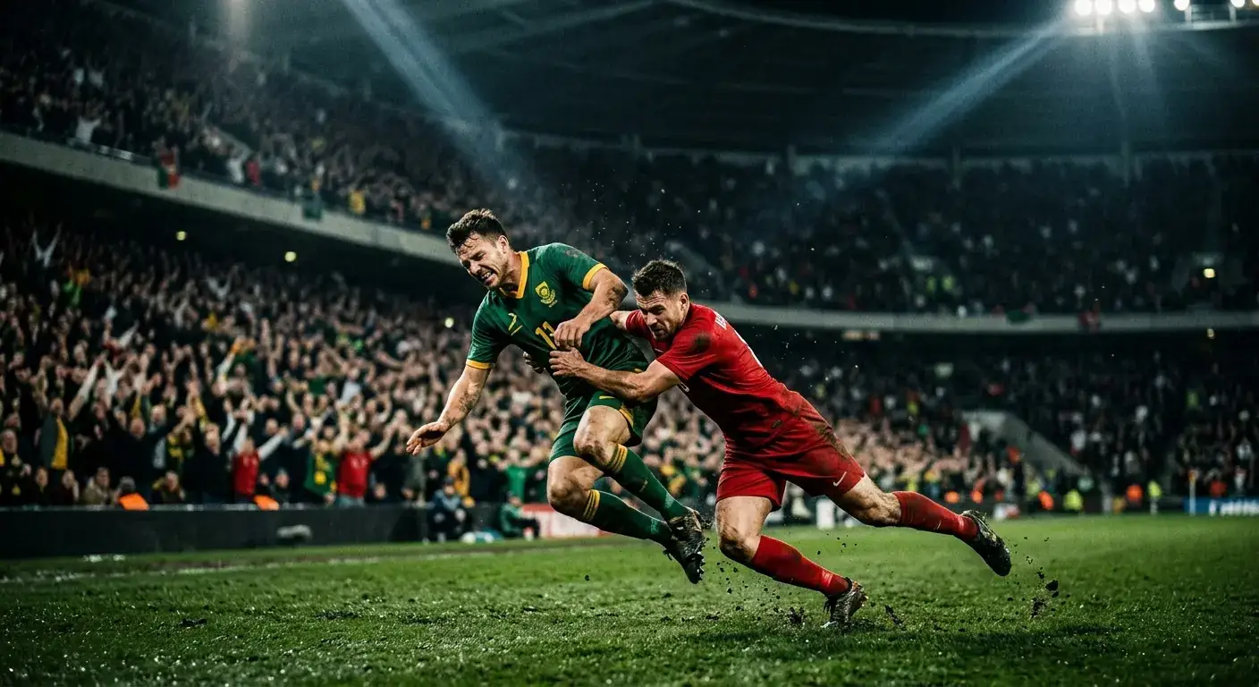 Two contrasting team colours crashing together in a knockout tackle, generic stadium shot