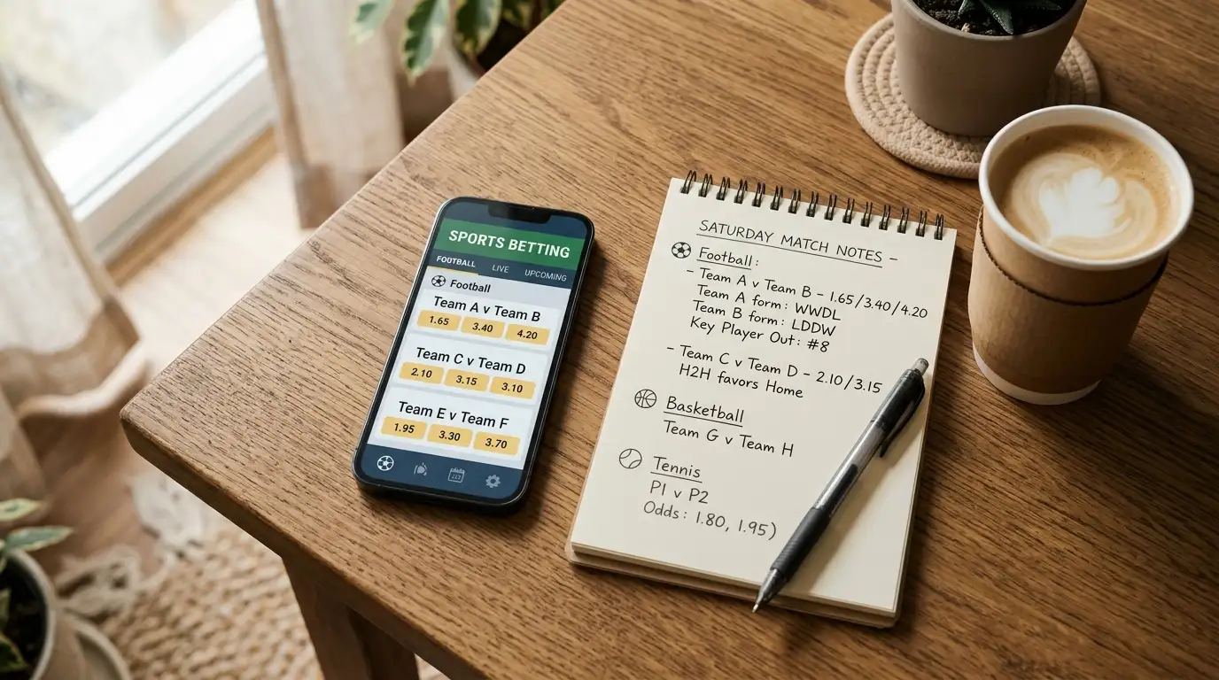 Decimal odds and a betting slip laid out on a table with a coffee