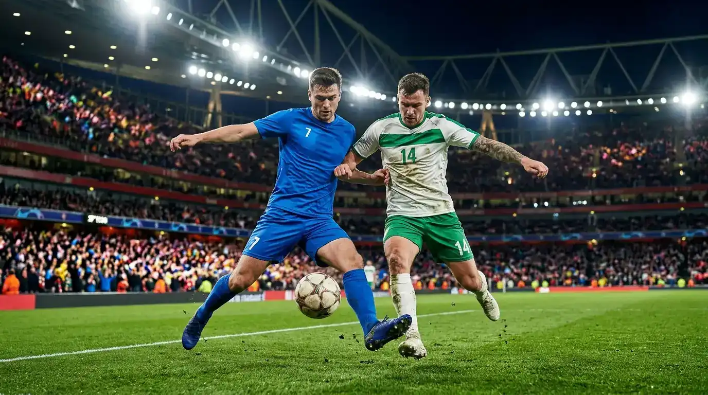 Two contrasting national-team styles meeting on the pitch, generic illustration
