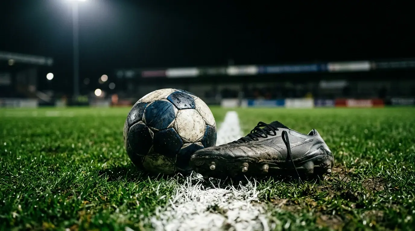 A close-up of a football boot and ball on a floodlit pitch line, generic editorial sports illustration, no faces or logos