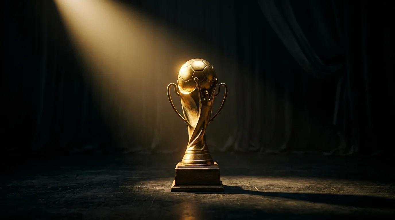 A World Cup style trophy silhouette under a single spotlight on a dark stage, editorial still life, generic and no logos