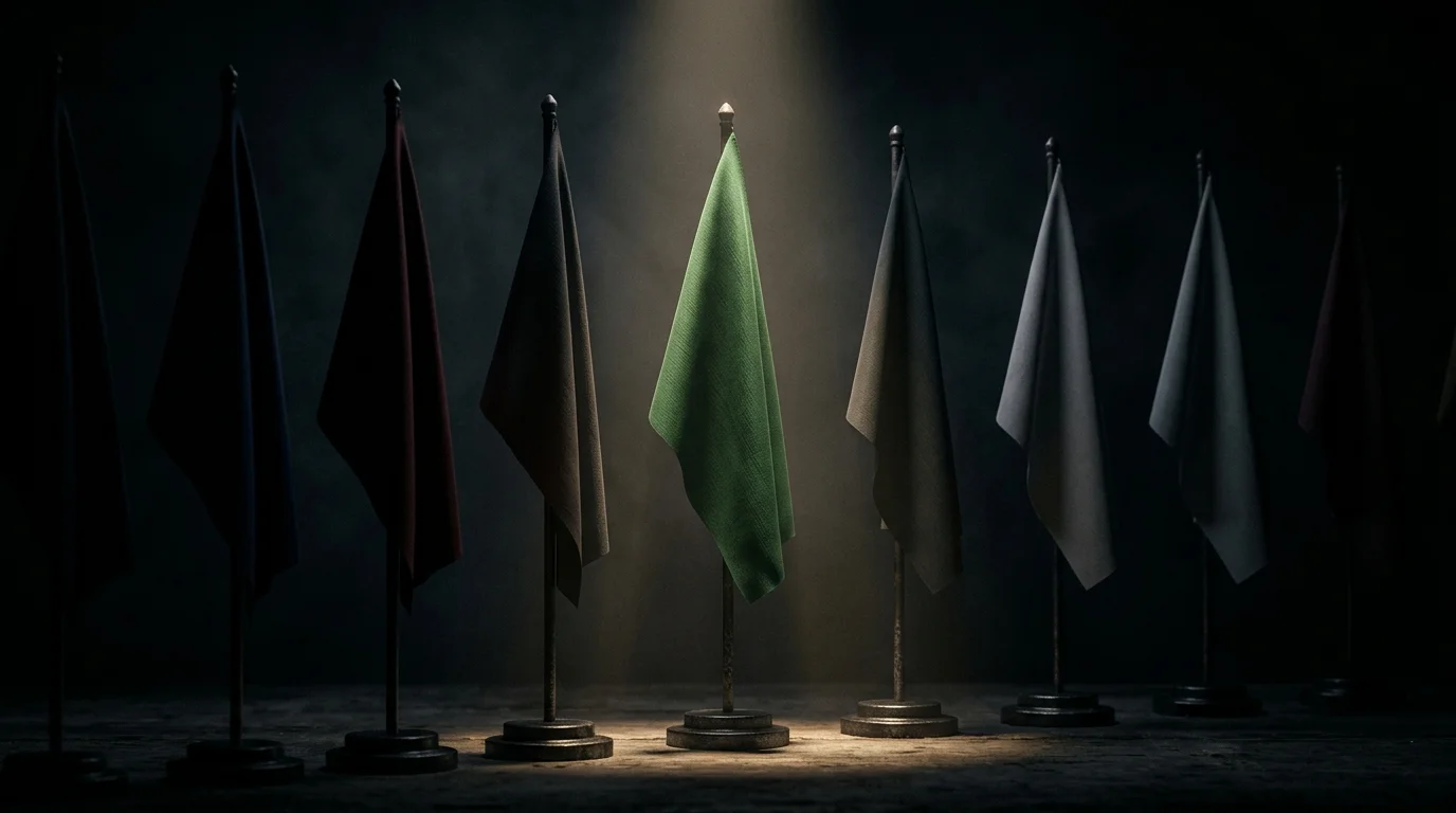 A row of national flags fading into shadow with one spotlit in the centre, editorial still life, generic no logos
