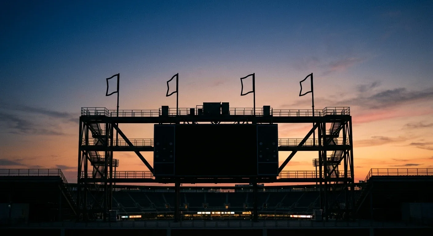 A stadium scoreboard silhouette against a dusk sky with four flag-shaped shadows, editorial illustration, no text or logos