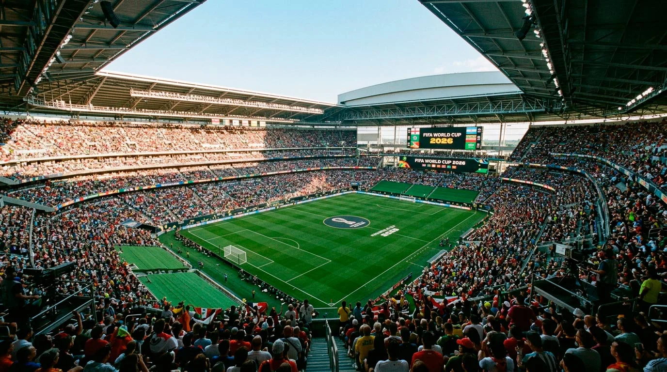Aerial view of a packed World Cup stadium in the United States with green pitch and colourful crowd